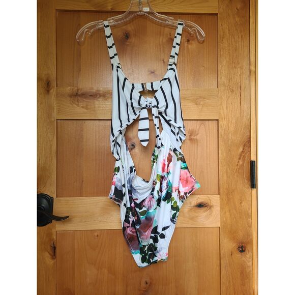ModCloth 1X One Piece Swimsuit Bathing Suit Floral Tie Front Striped Resort XL - Picture 2 of 5